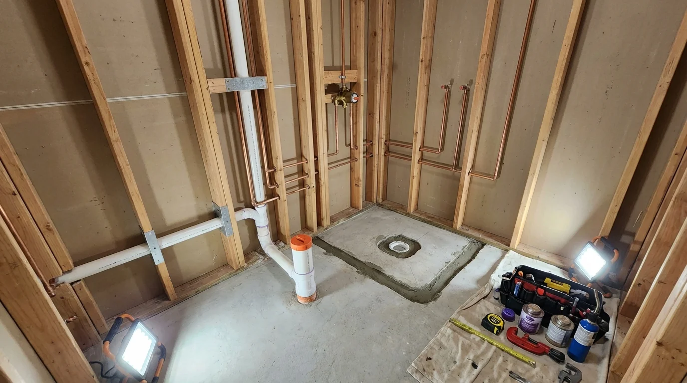 Bathroom rough-in plumbing during remodel by Johns Plumbing LLC in Bangs