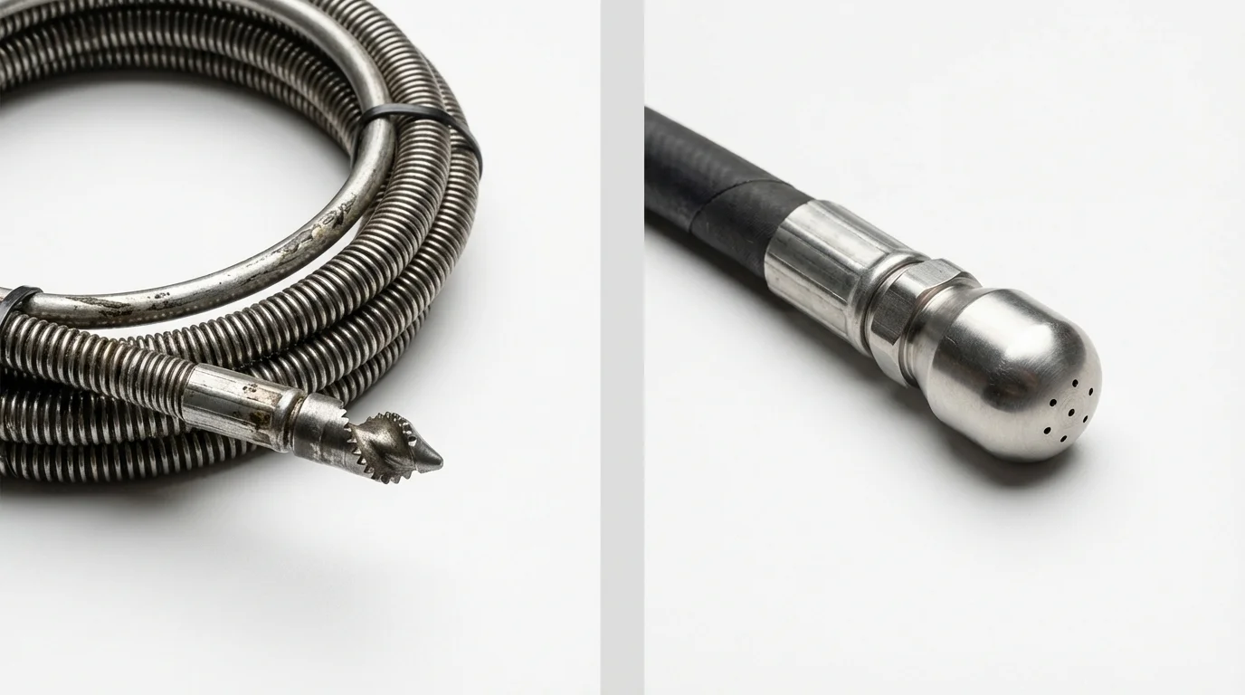 Drain snake cable and hydro jetting nozzle used for drain cleaning in Bangs, TX