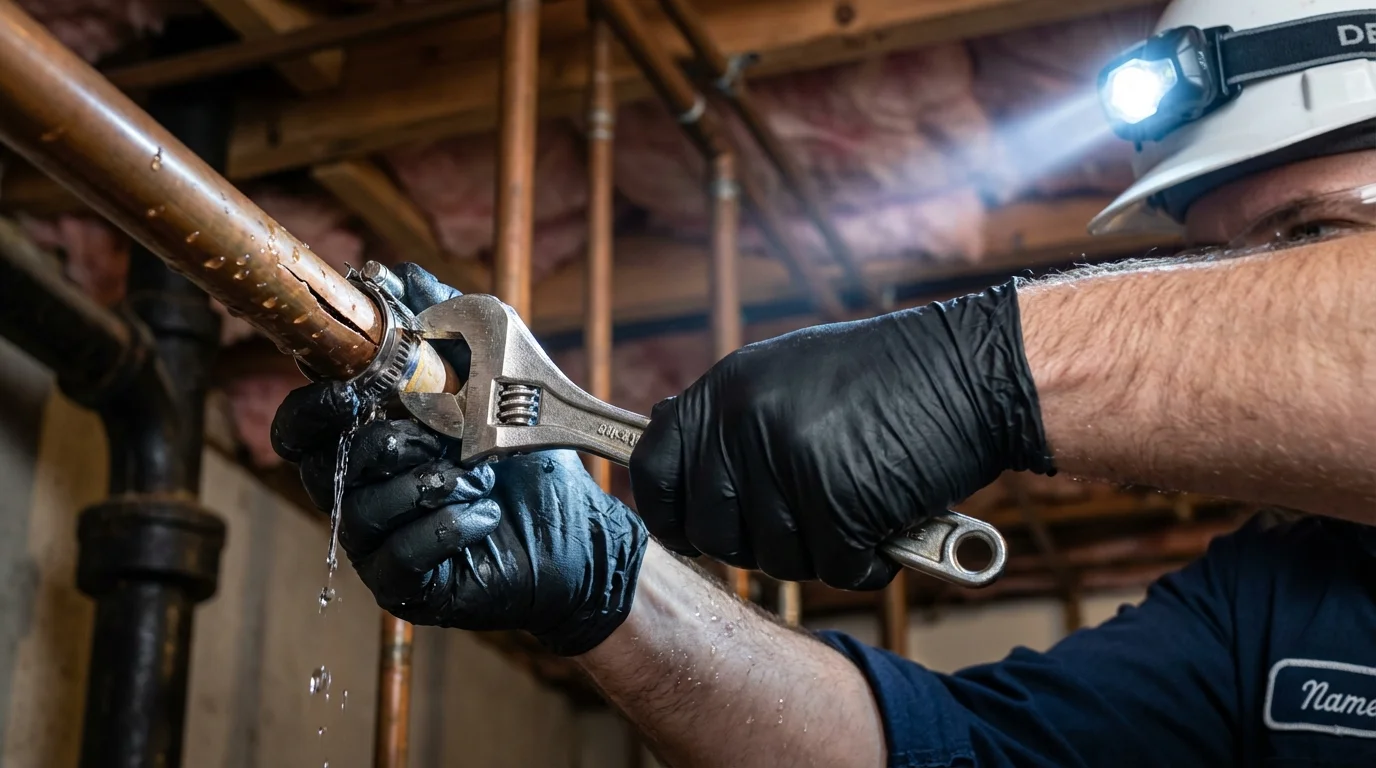 Emergency pipe clamp repair being performed by a Johns Plumbing LLC plumber in Bangs