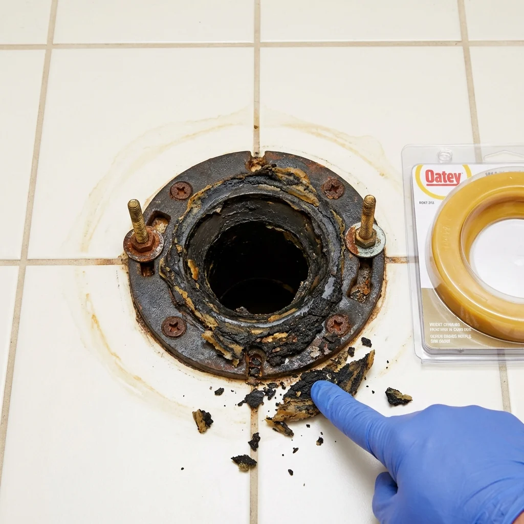 Failed wax ring showing water seepage at the base of a toilet in a Bangs, TX home