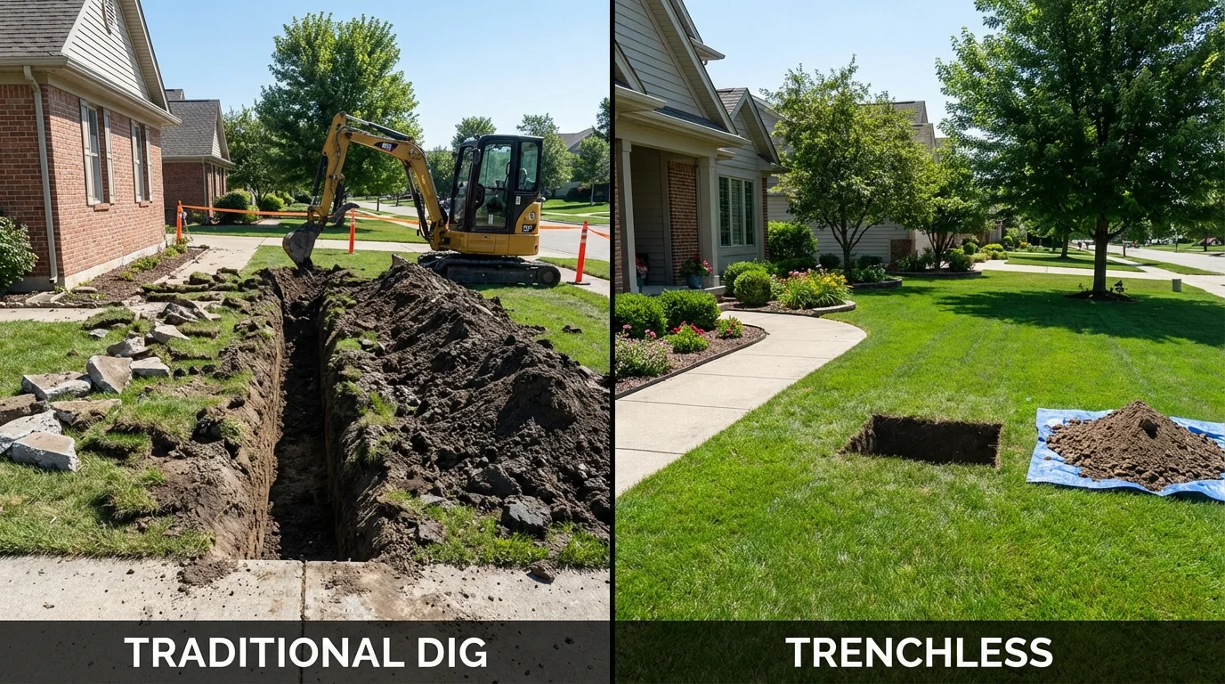 Trenchless sewer repair with minimal yard damage versus traditional excavation in Bangs, TX