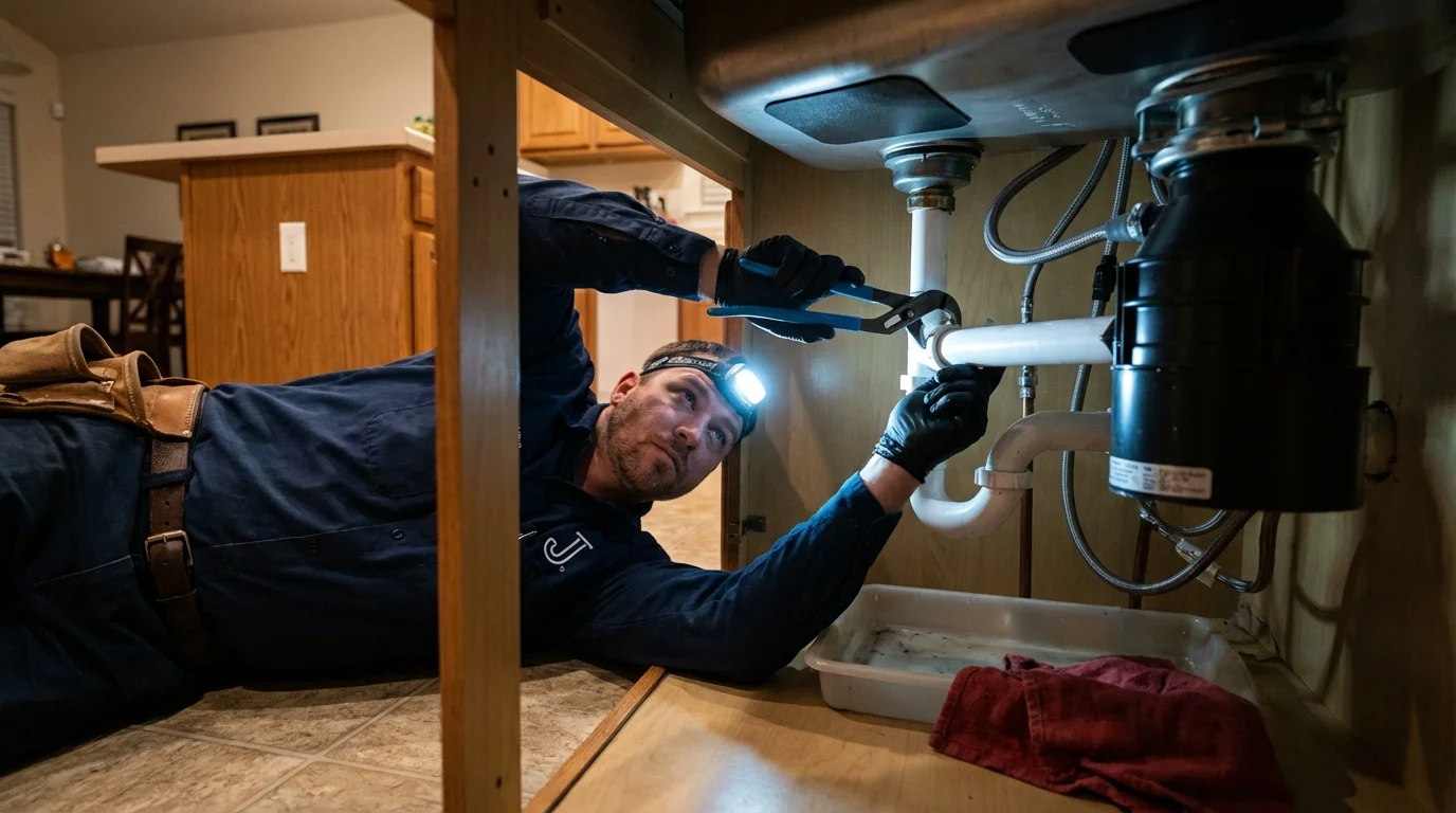 P-trap and supply line connections under a kitchen sink showing a common leak point in Bangs, TX